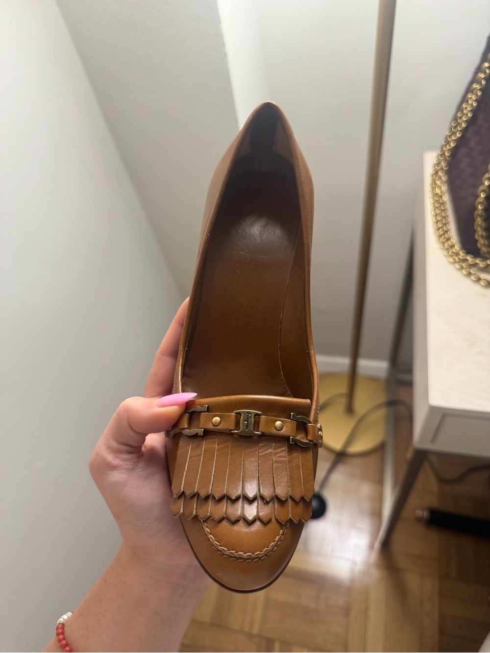 Salvatore Ferragamo Tan Leather Fringe Bit Block Heel Pump - Picture 3 of 6